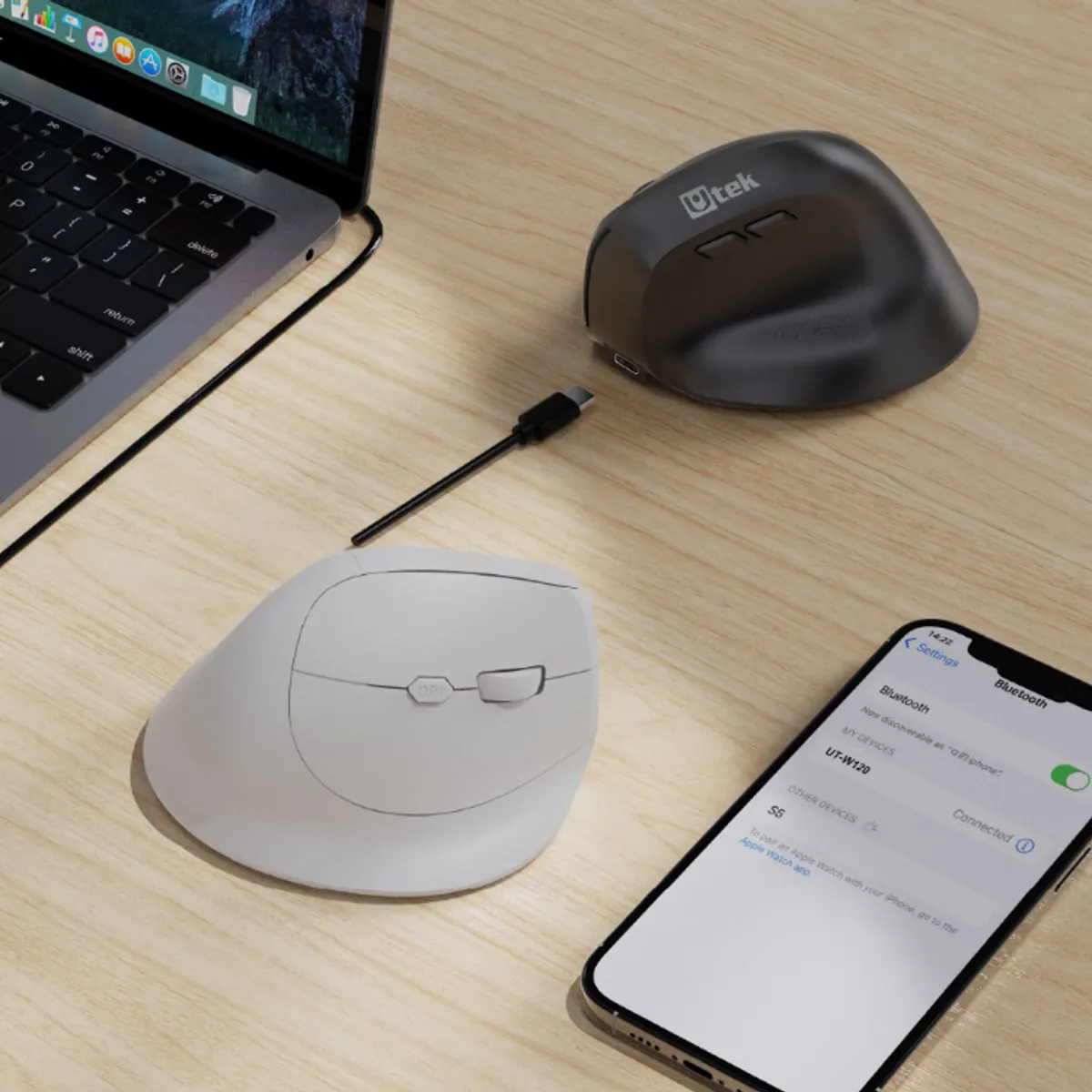 UTEK - Mouse Inalámbrico Vertical Ergonomico 2.4Hz + Bluetooth Recargable  Mod UT-MOER200R