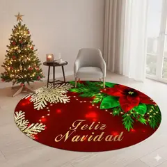 GENERICO - ALFOMBRA REDONDA DE NAVIDAD 90 CM DISEÑO FEIZ NAVIDAD HOJAS DORADA GBEA