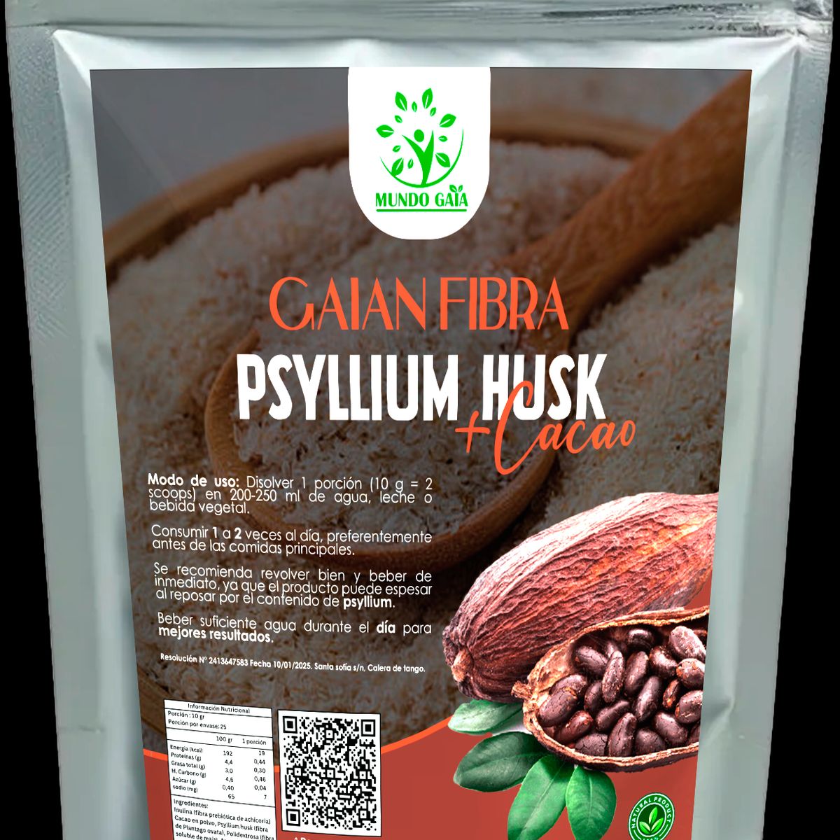 MUNDO GAIA - GAIAN FIBRA PSYLLIUM HUSK + CACAO 250 GRS + GUIA NUTRICIONAL