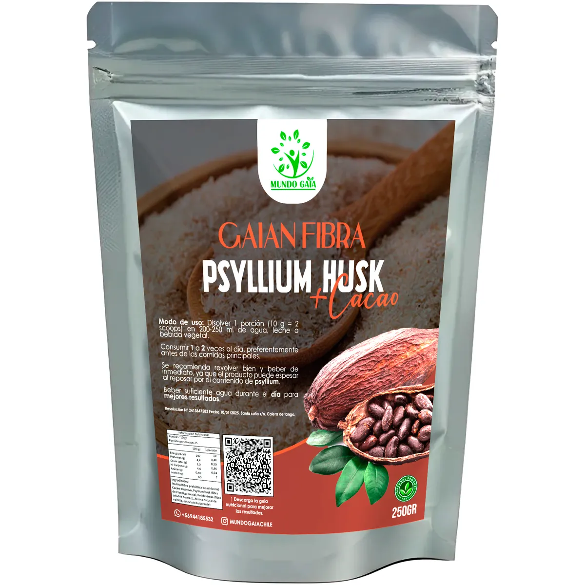 MUNDO GAIA - GAIAN FIBRA PSYLLIUM HUSK + CACAO 250 GRS + GUIA NUTRICIONAL