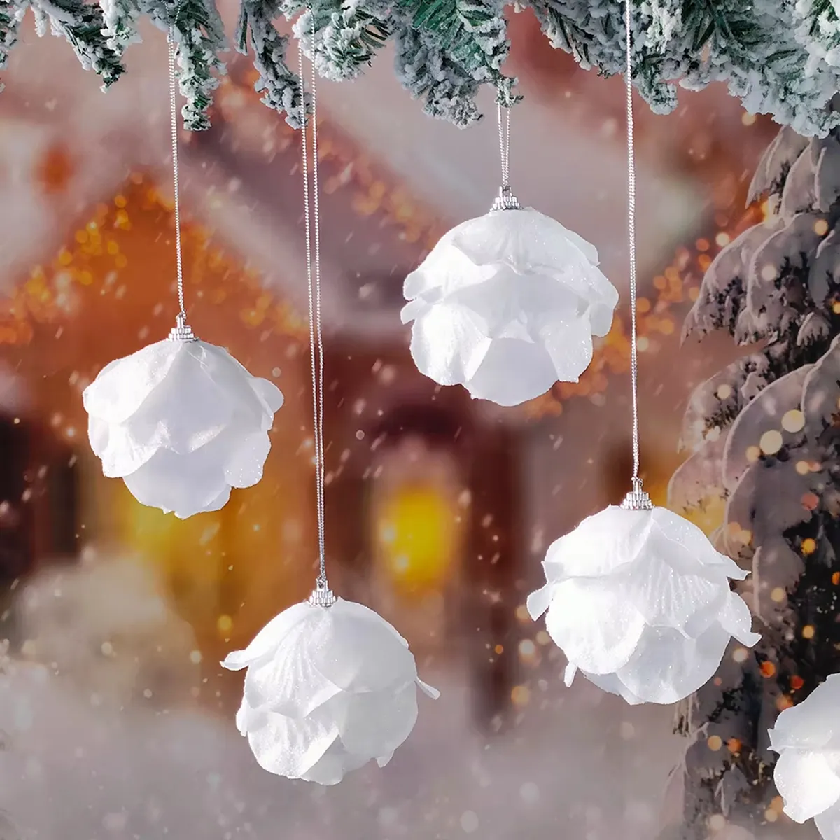 GANGLIAN - Caja 3 Unidades Bolas Navideñas 8cm Blanco - Diseño Pétalos Grandes, Esferas de Nieve para Árbol y Decoración