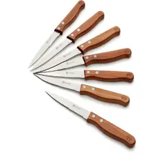 OUTSET - Cuchillos para Parrilla de Acero Inoxidable con Mango de Madera – Set de 6 unidades