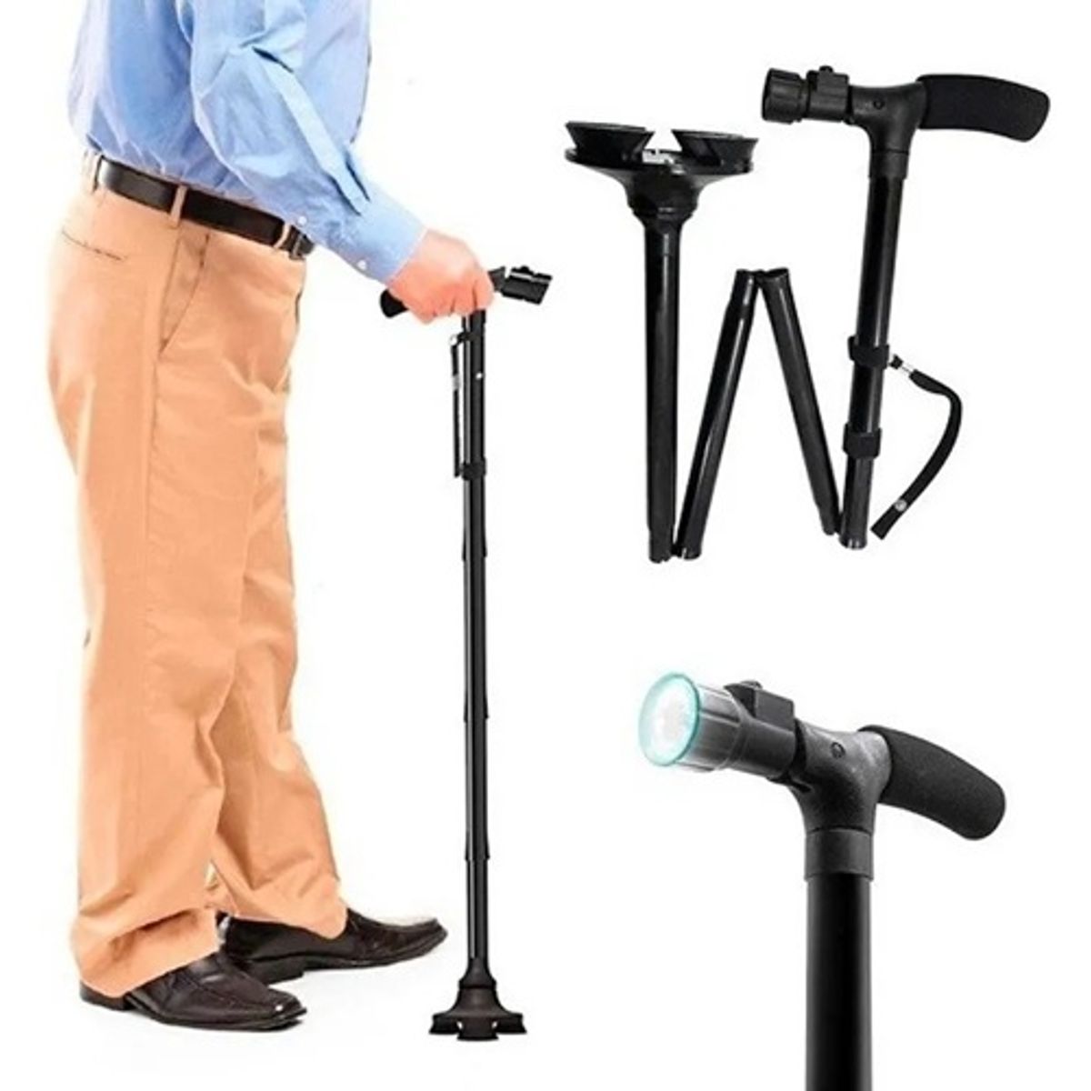 GENERICO - Bastón Plegable Bastones Ortopédicos Con Luz Led 4 Apoyos Negro