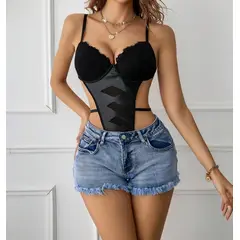 KIRAMA CLOTHING STORE - Body Negro con Encaje y Gasa Estilo Sexy y Semitransparente