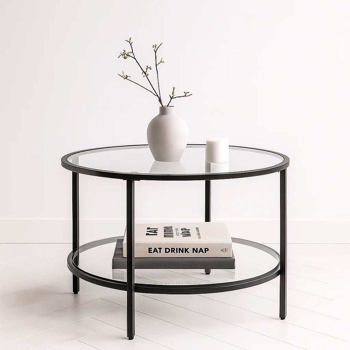 KLIK - Mesa de Centro Orbe con Vidrio y Metal Negro