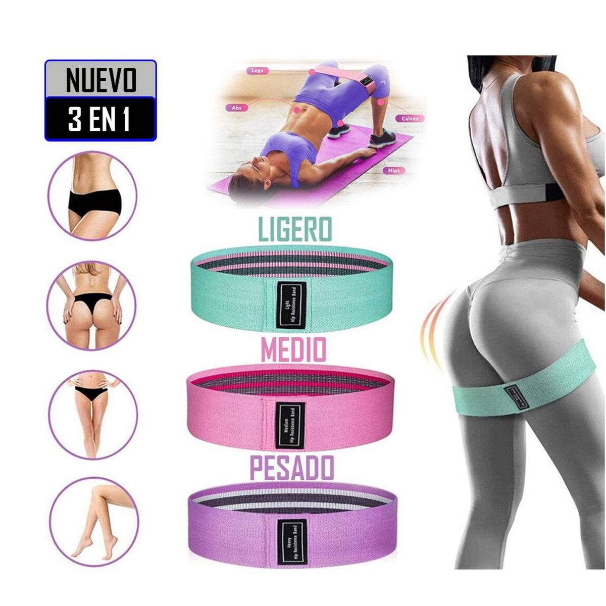 MOVI - Bandas Elásticas para piernas y glúteos, tela antideslizante, 3 niveles