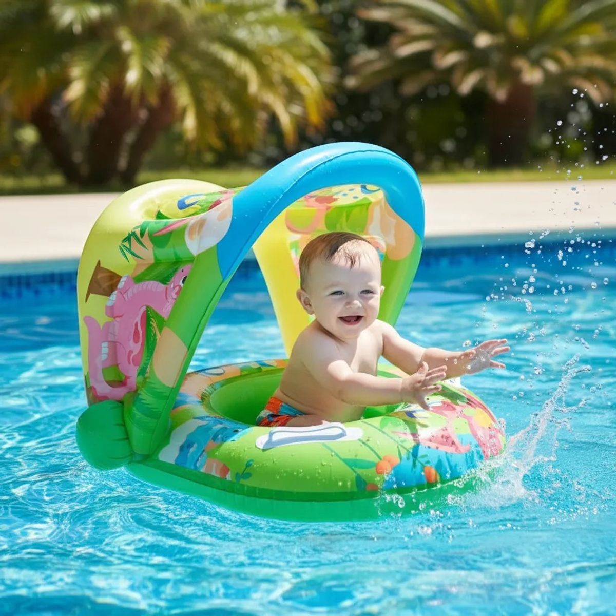 DEFENSOR FOREVER - Flotador Para Piscina Con Techo Para Bebe Niños Verde con Dinosaurios