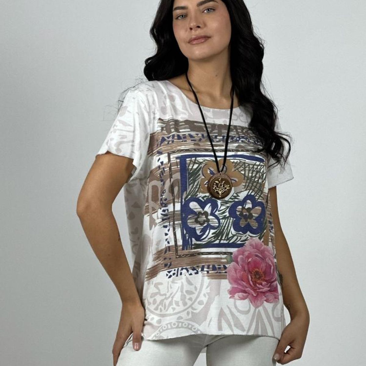 ENIGMATICA BOUTIQUE - Polera Algodón Cuadro Abstracto Rosas