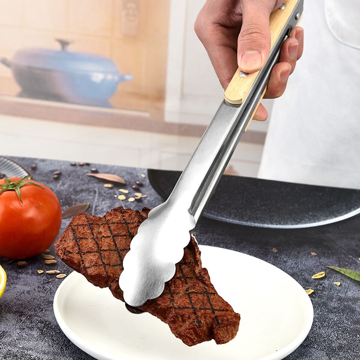 KINDA NICE - Pinza Para Alimento De Acero Inoxidable Con Mango De Madera