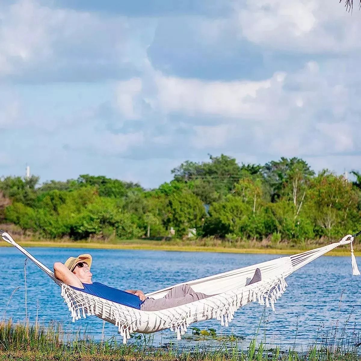 GENERICO - Hamaca Con Borlas Para Exteriores 150x200cm Columpios Silla Liso Blanco