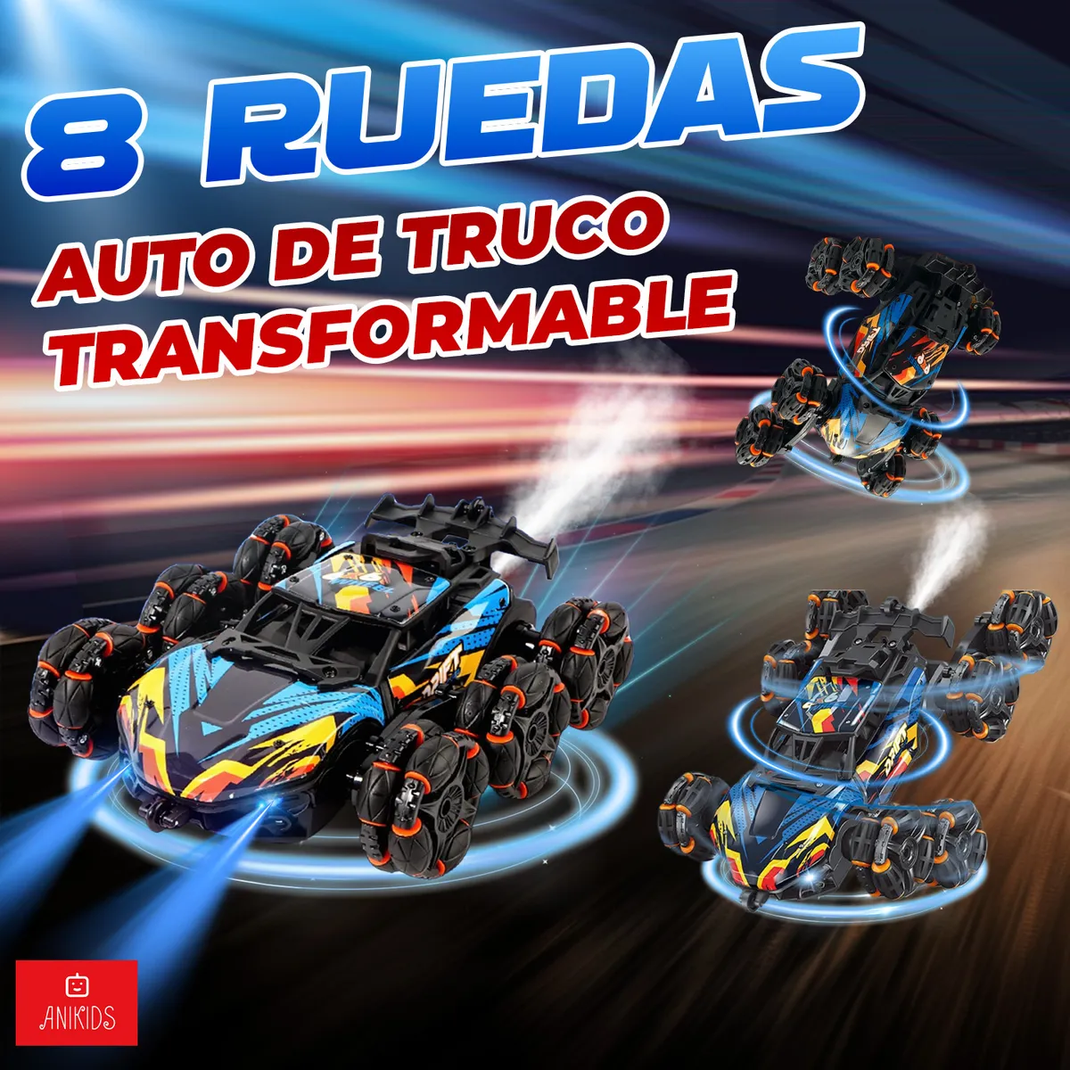 ANIKIDS - Auto De Truco Control Remoto Dual Con 8 Ruedas Transformable Negro