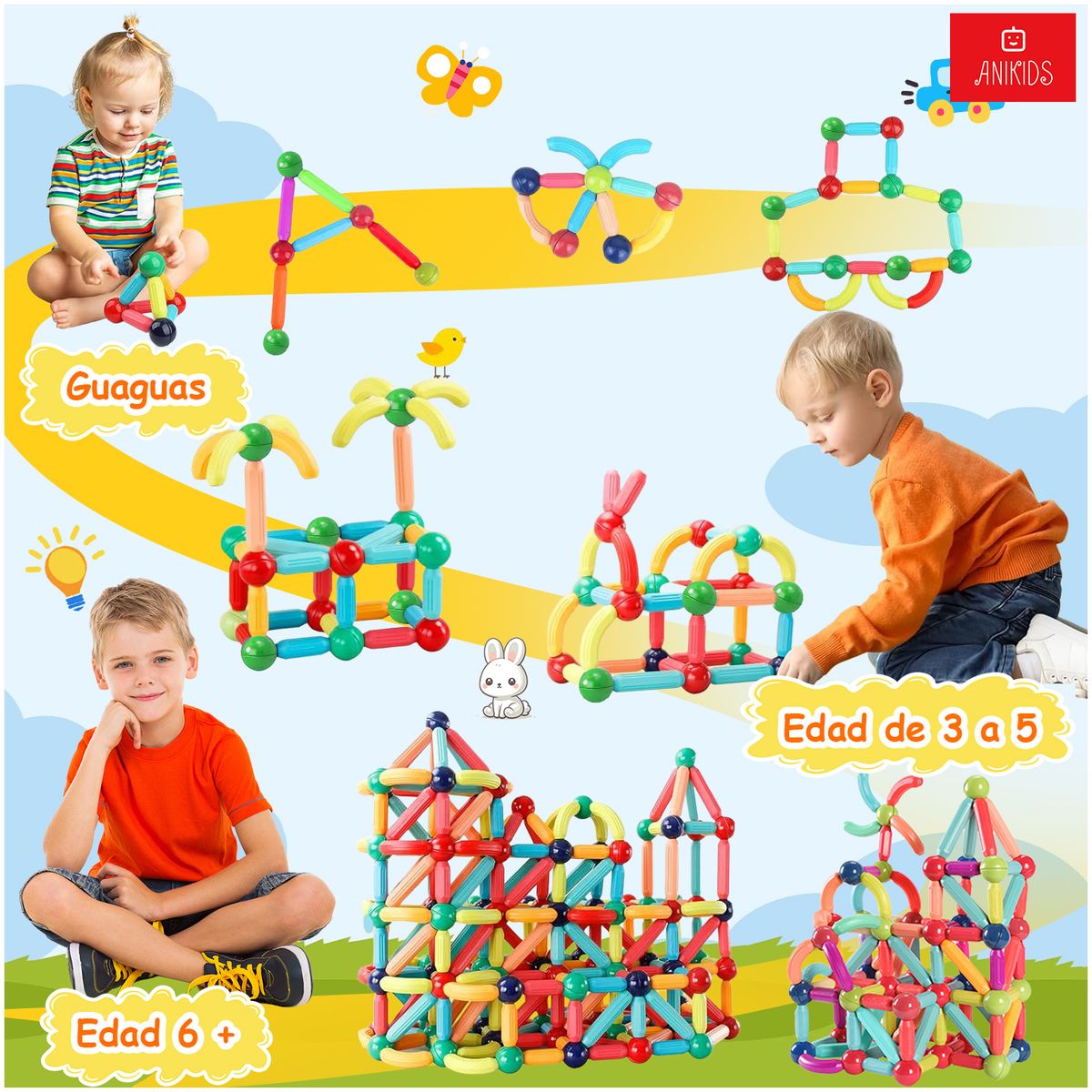 ANIKIDS - Bloques Magnéticos Palos Bolas 88 Piezas Juguete Armable Niños