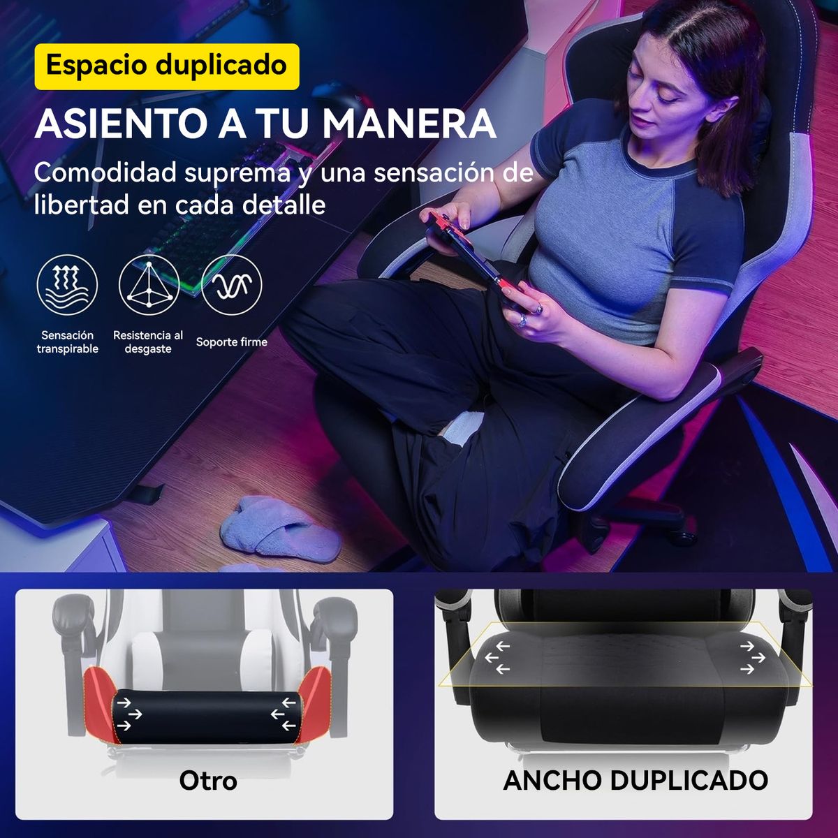 VIDITA - Silla Gamer Con Asiento Amplio Y Tela Premium Para Largas Horas Negra
