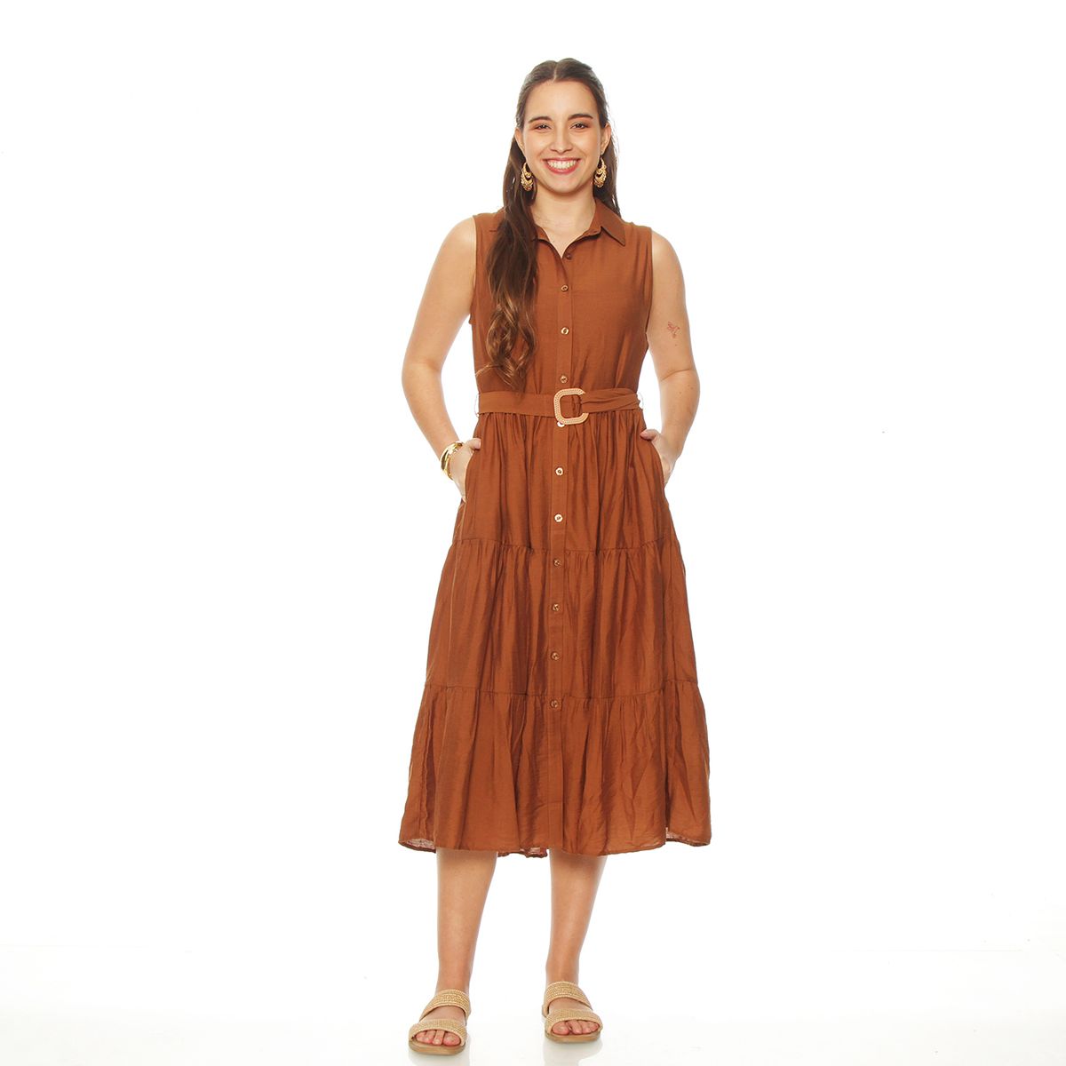 WADOS - VESTIDO SIN MANGA ABOTONADO EN DELANTERO CON LAZO EN CINTURA