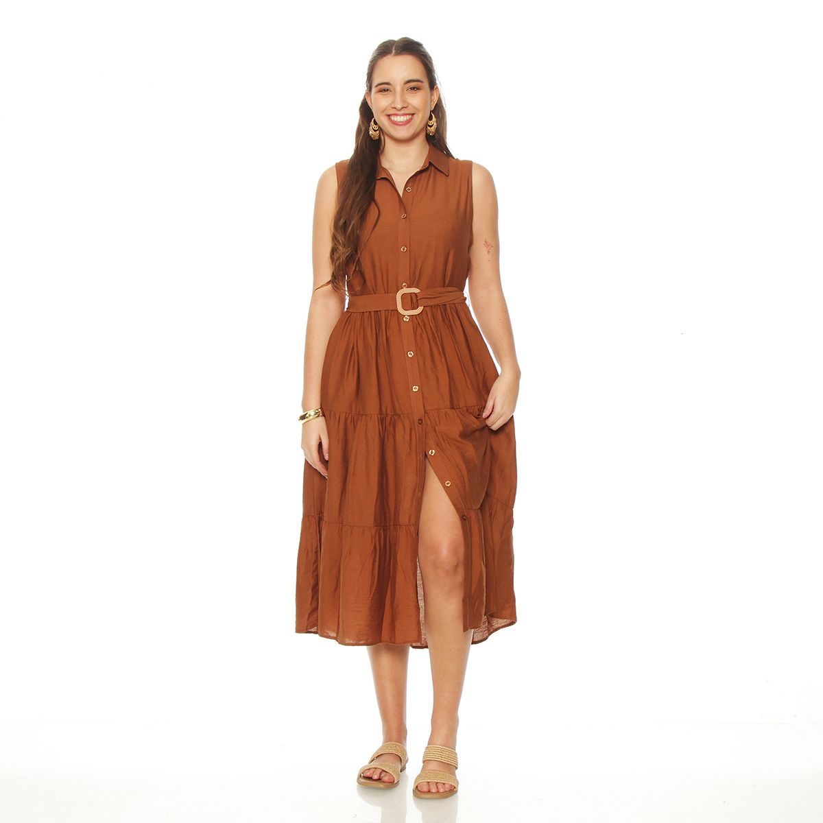 WADOS - VESTIDO SIN MANGA ABOTONADO EN DELANTERO CON LAZO EN CINTURA