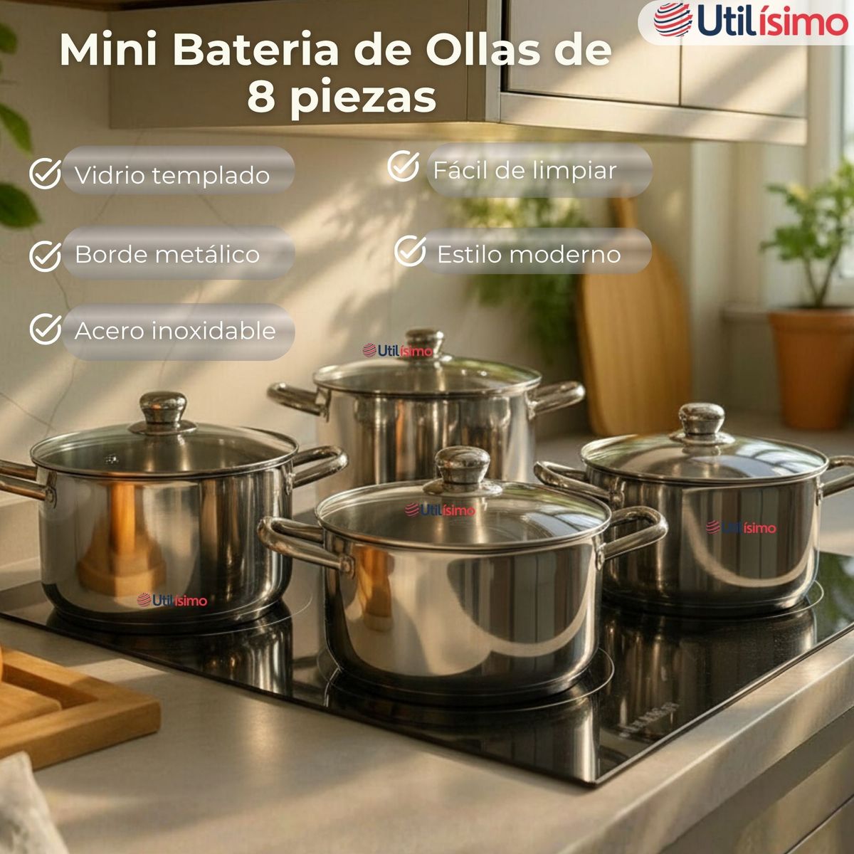 LINE - Juego Mini Batería Cocina 8 Piezas Ollas Acero Inoxidable