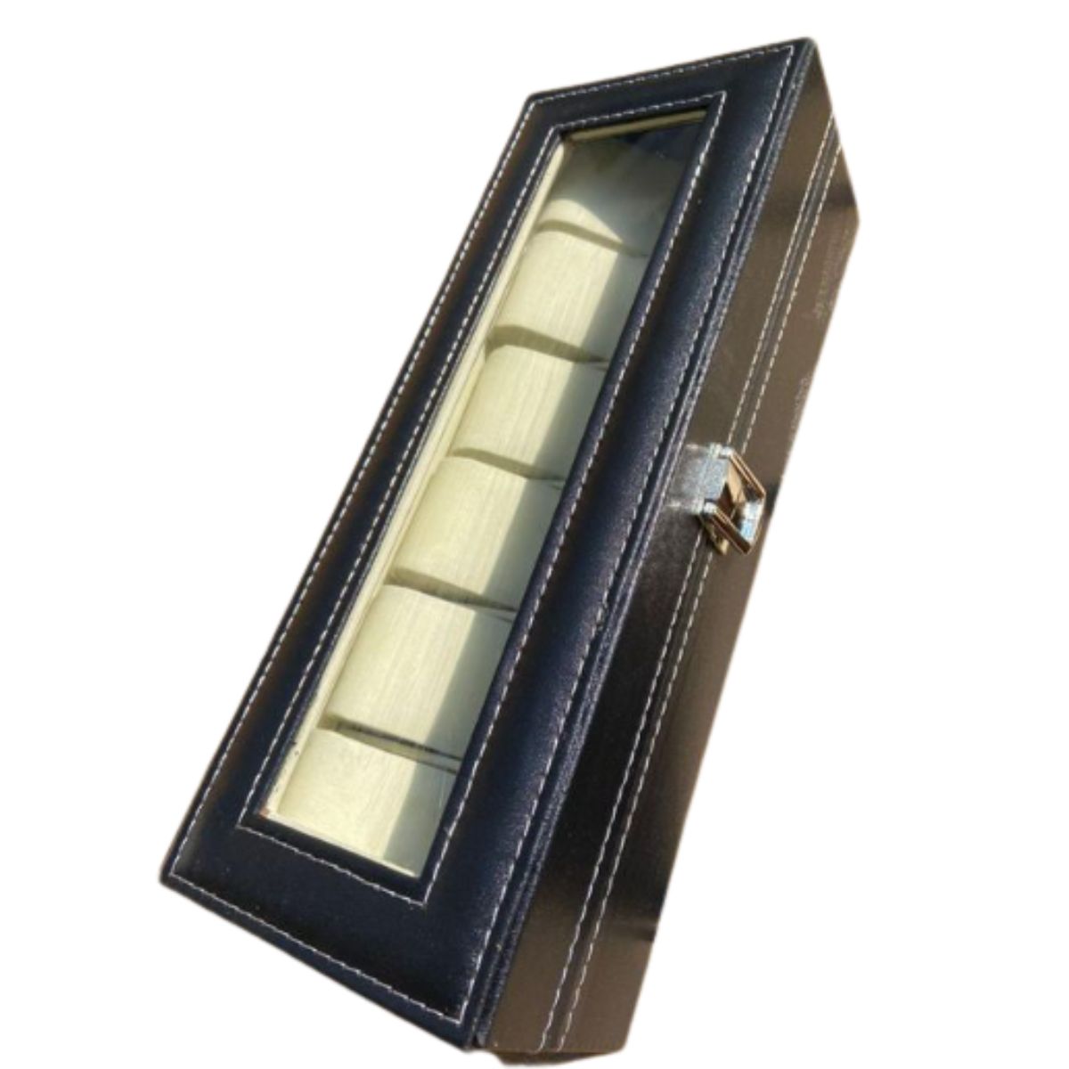 GENERICO - Elegante Estuche/Caja Organizadora para 6 Relojes o Accesorios - Cuero PU Negro con Tapa de Cristal