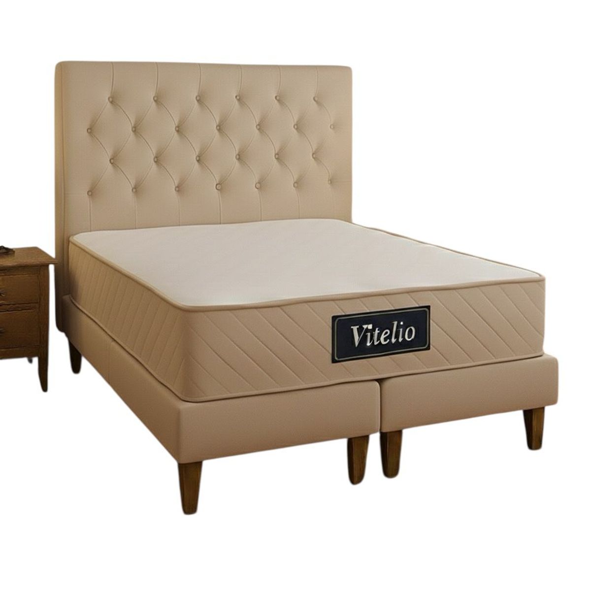 GENERICO - Cama 2 Plazas Con Colchon Beige Capitone