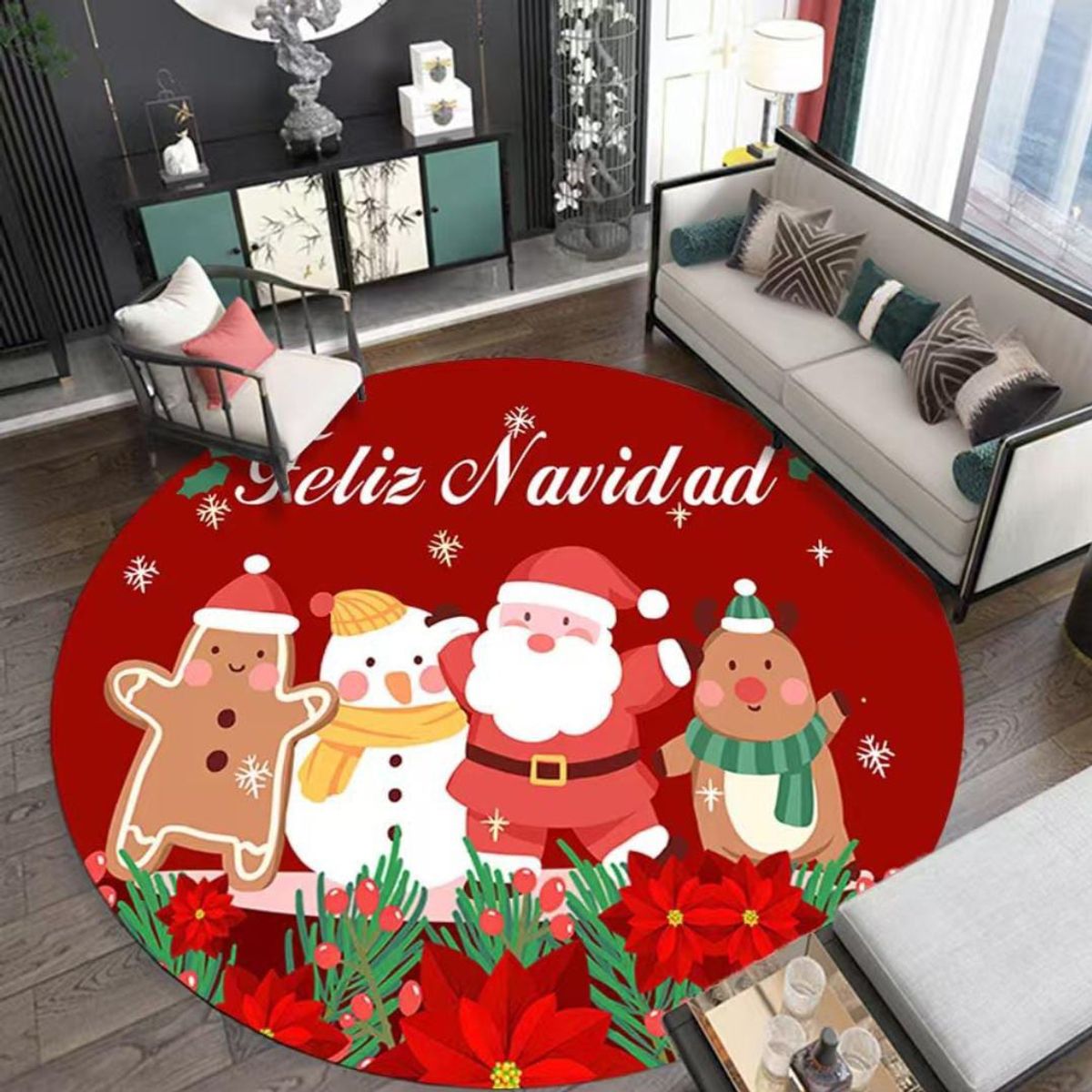 GENERICO - ALFOMBRA REDONDA 90cm COLOR ROJO CON DISEÑO NAVIDEÑO SANTA CLAUS MC