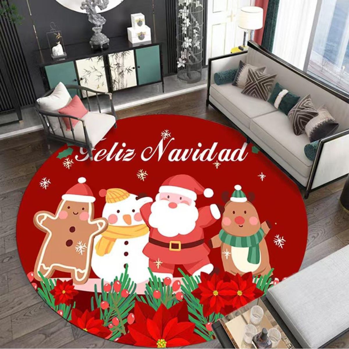 GENERICO - ALFOMBRA REDONDA 90cm COLOR ROJO CON DISEÑO NAVIDEÑO SANTA CLAUS MC