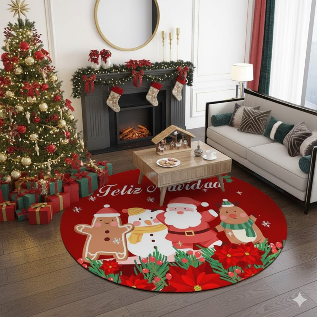 GENERICO - ALFOMBRA REDONDA 90cm COLOR ROJO CON DISEÑO NAVIDEÑO SANTA CLAUS MC