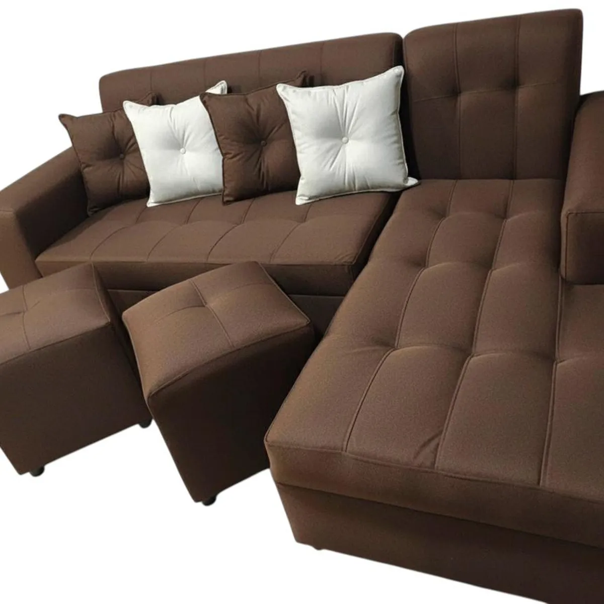 GENERICO - Sofa Seccional L 3 Cuerpos + 2 Puff Marron Lino