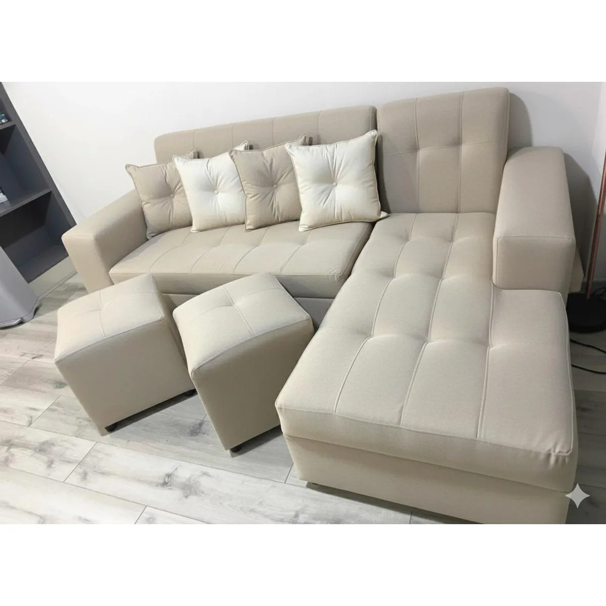 GENERICO - Sofa Seccional L 3 Cuerpos + 2 Puff Beige Lino
