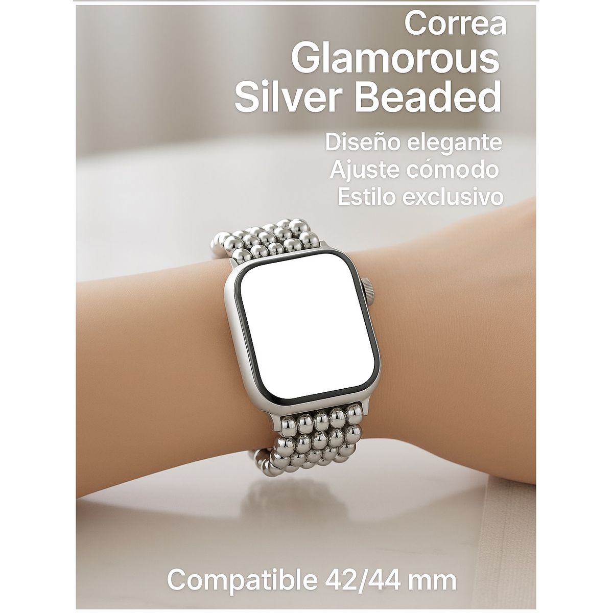 GENERICO - Correa Silver Crystal Beads para Apple Watch Elegancia Metálica y Ajuste Ergonómico 4244 mm