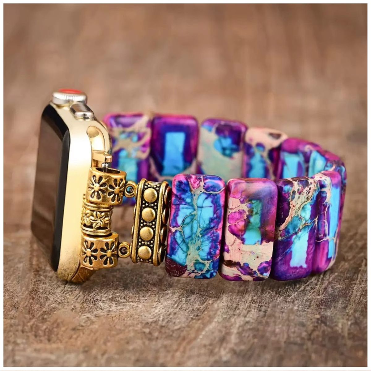 GENERICO - Correa de Piedras Naturales Emperador para Apple Watch 4244 mm  Pulsera Elástica Artesanal