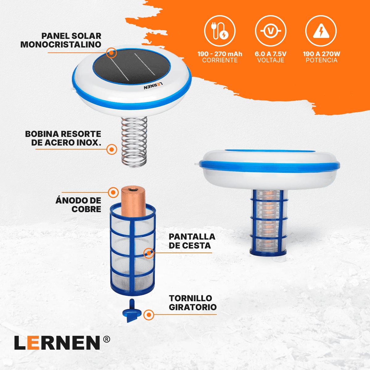 LERNEN - Pack Ionizador Solar Para Piscina + 2 Ánodos de cobre + Accesorios - 130000 Litros