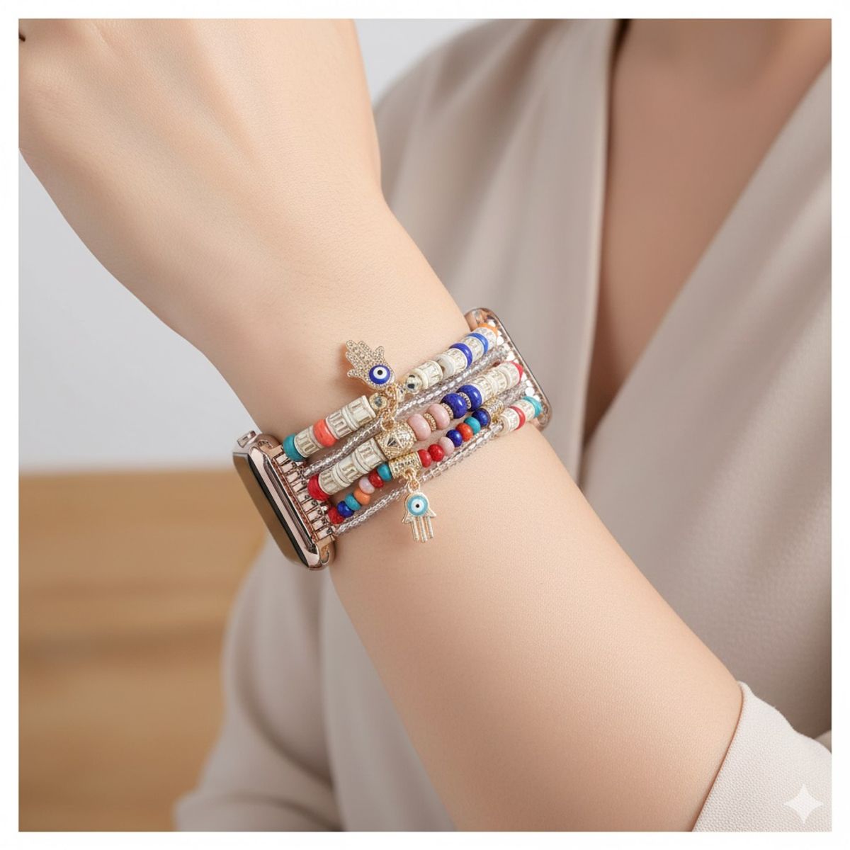 STARTECHOFFICE - Correa Bohemia de Cuentas para Apple Watch 4244 mm Múltiples Hilos Decorativos y Dijes Protectores