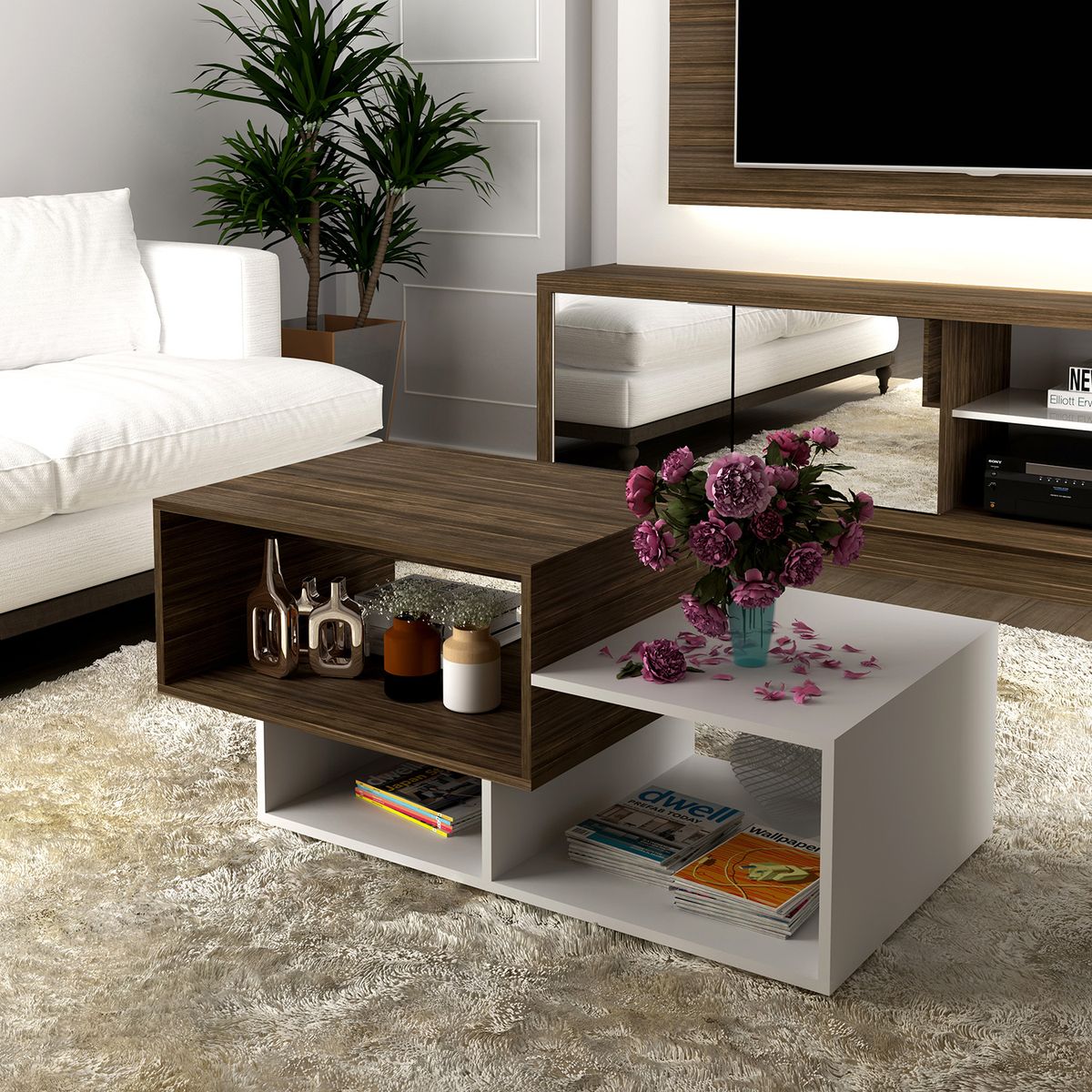 TECNOMOBILI - Mesa de centro nogal blanco 45x110x54 cm