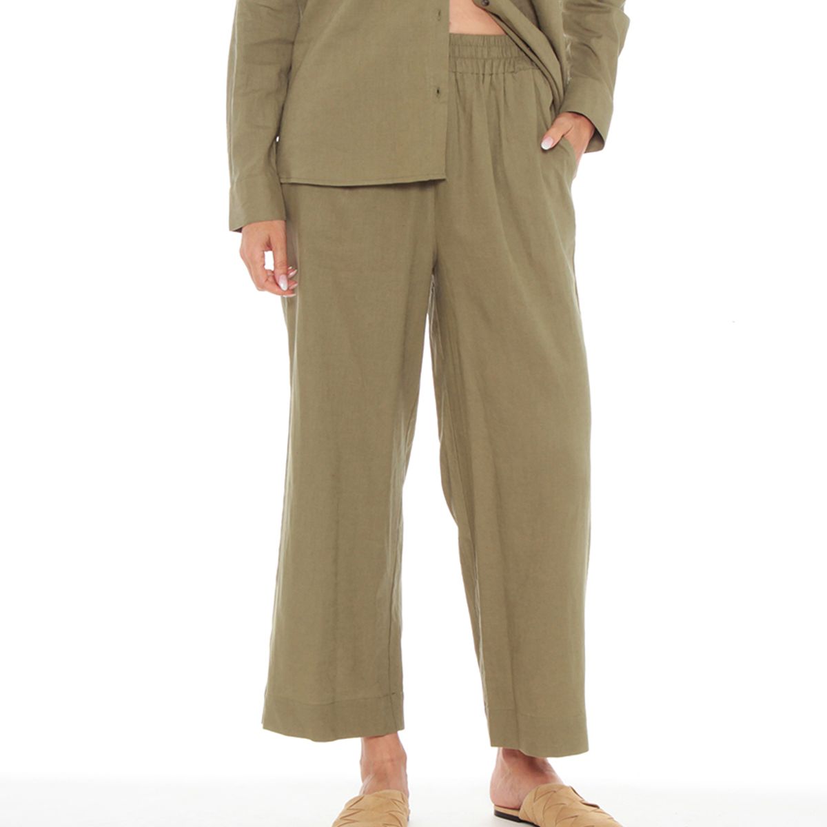 WADOS - PANTALON CROP ANCHO DE LINO CON PRETINA   ELASTICADA