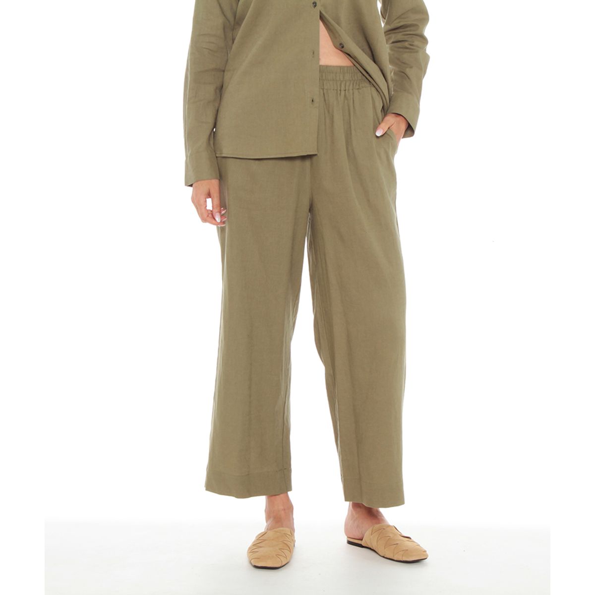 WADOS - PANTALON CROP ANCHO DE LINO CON PRETINA   ELASTICADA