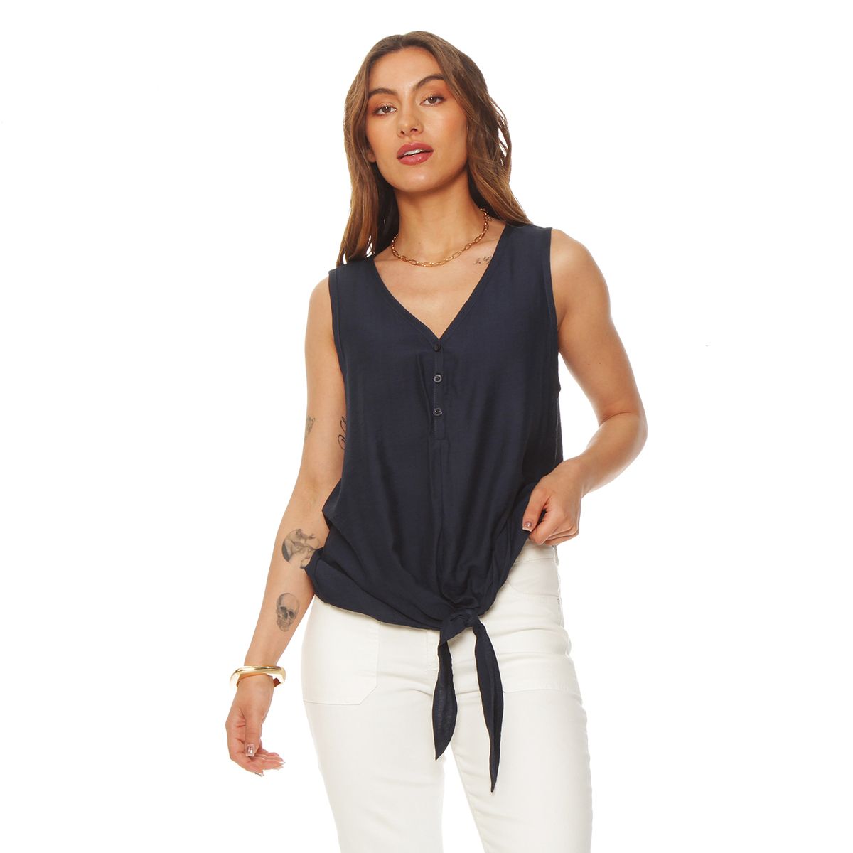 WADOS - BLUSA SIN MANGA ABOTONADA EN DELANTERO ESCOTE V Y NUDO EN RUEDO