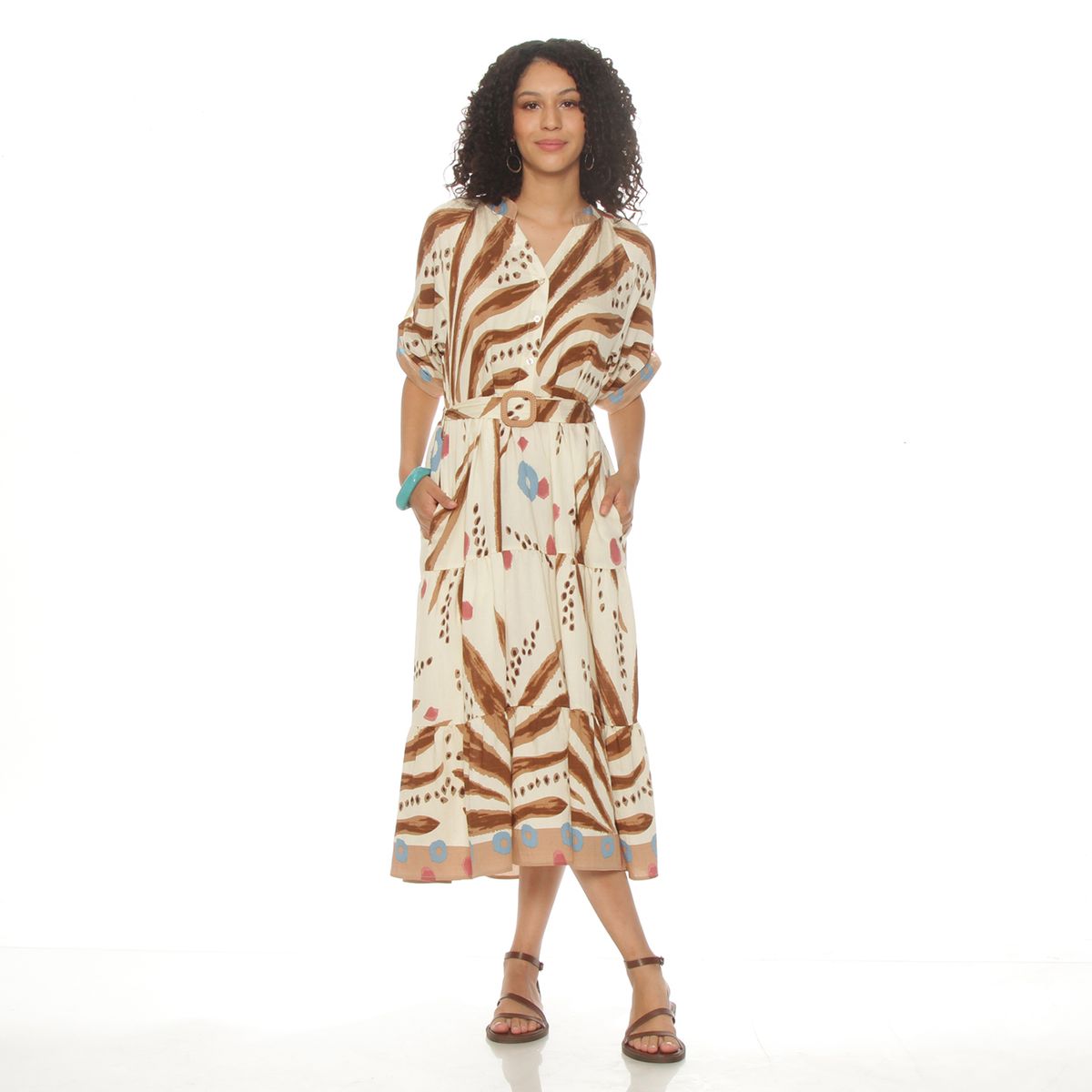 WADOS - VESTIDO MANGA CORTA ESTAMPADO ESCOTE V CON CINTURON