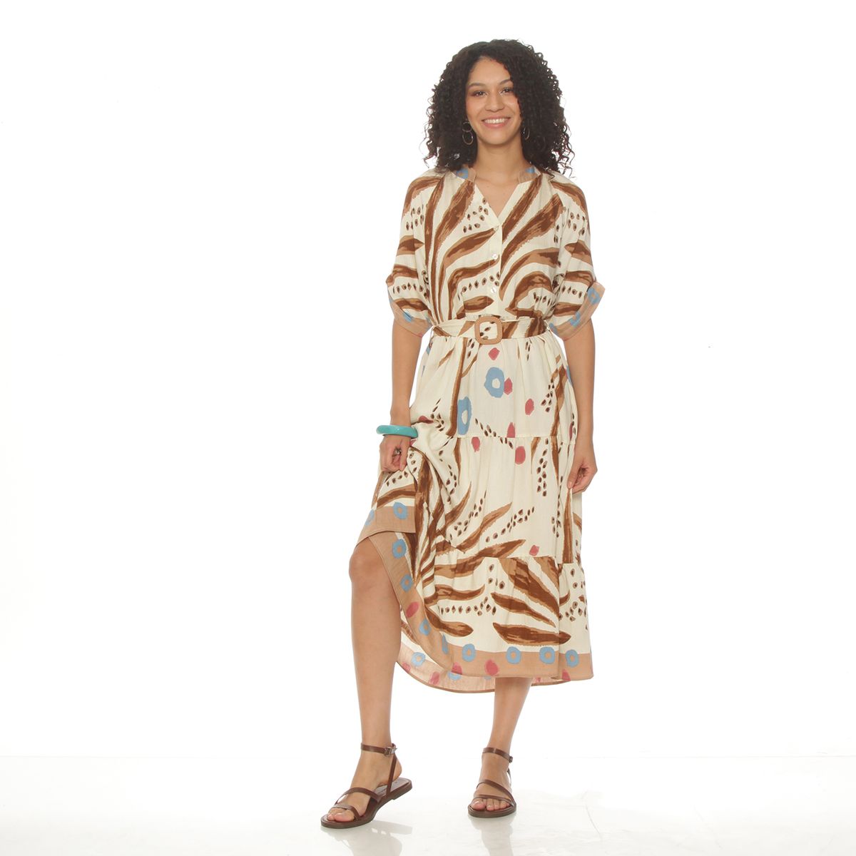 WADOS - VESTIDO MANGA CORTA ESTAMPADO ESCOTE V CON CINTURON