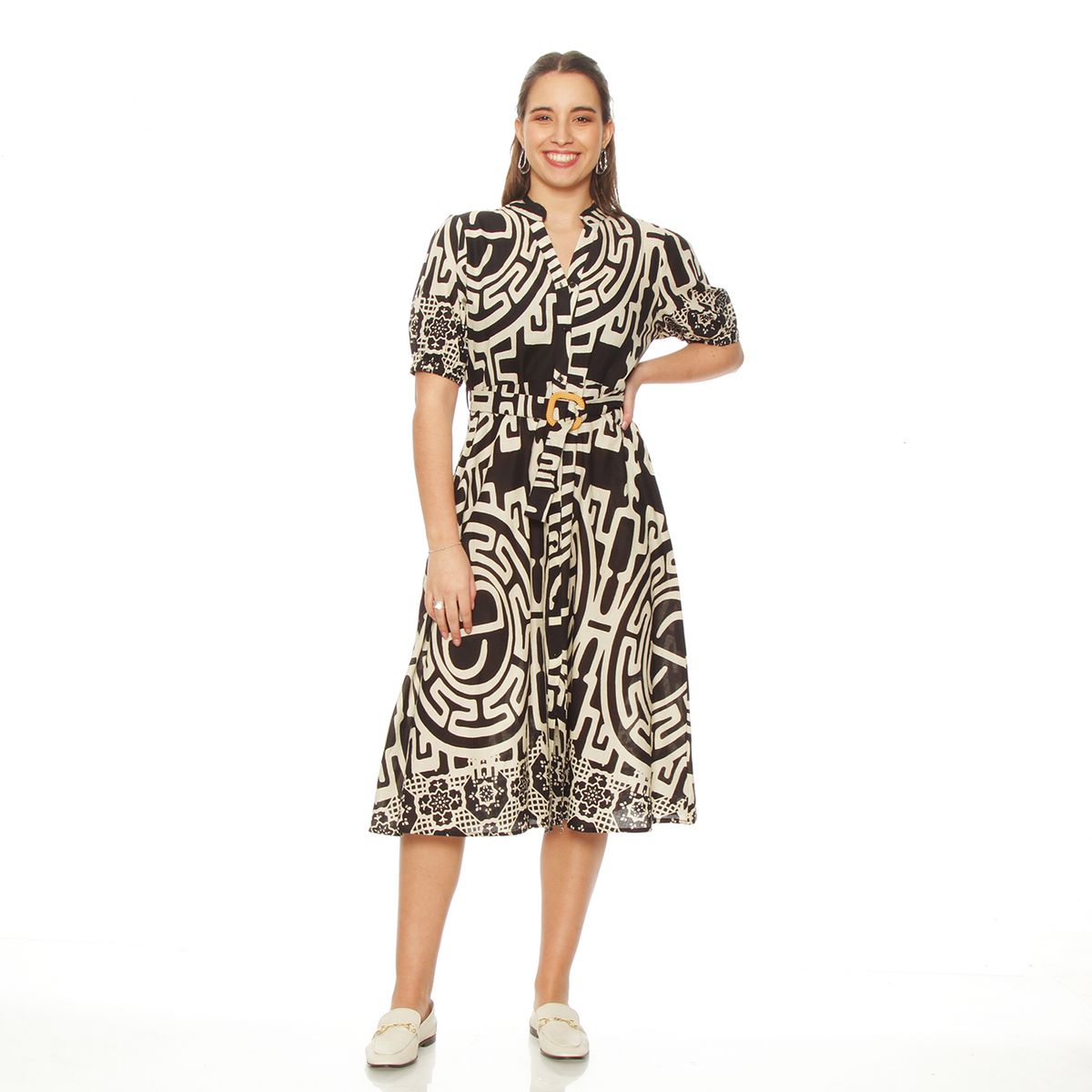 WADOS - VESTIDO ESTAMPADO MANGA CORTA  CON CINTURON
