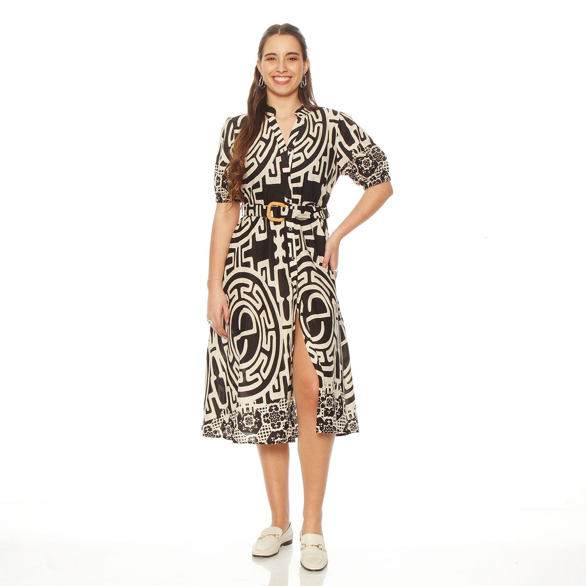 WADOS - VESTIDO ESTAMPADO MANGA CORTA  CON CINTURON