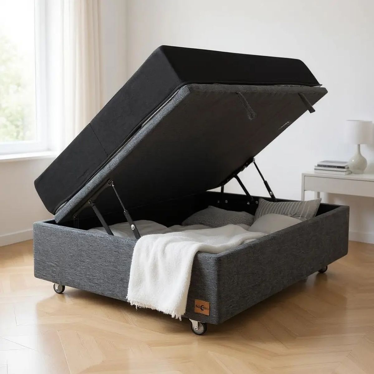 BLOCCARE - Cama Baul 1.5 Plazas + Colchon Black L200 / Ruedas Pyton / sin refuerzo (Gris)