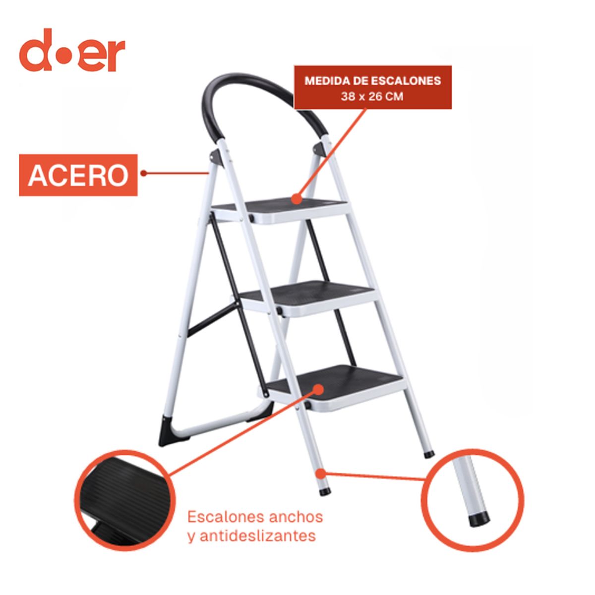 DOER - Escalera de 3 Peldaños Ultra Resistente con Patas Antideslizantes, 130cms