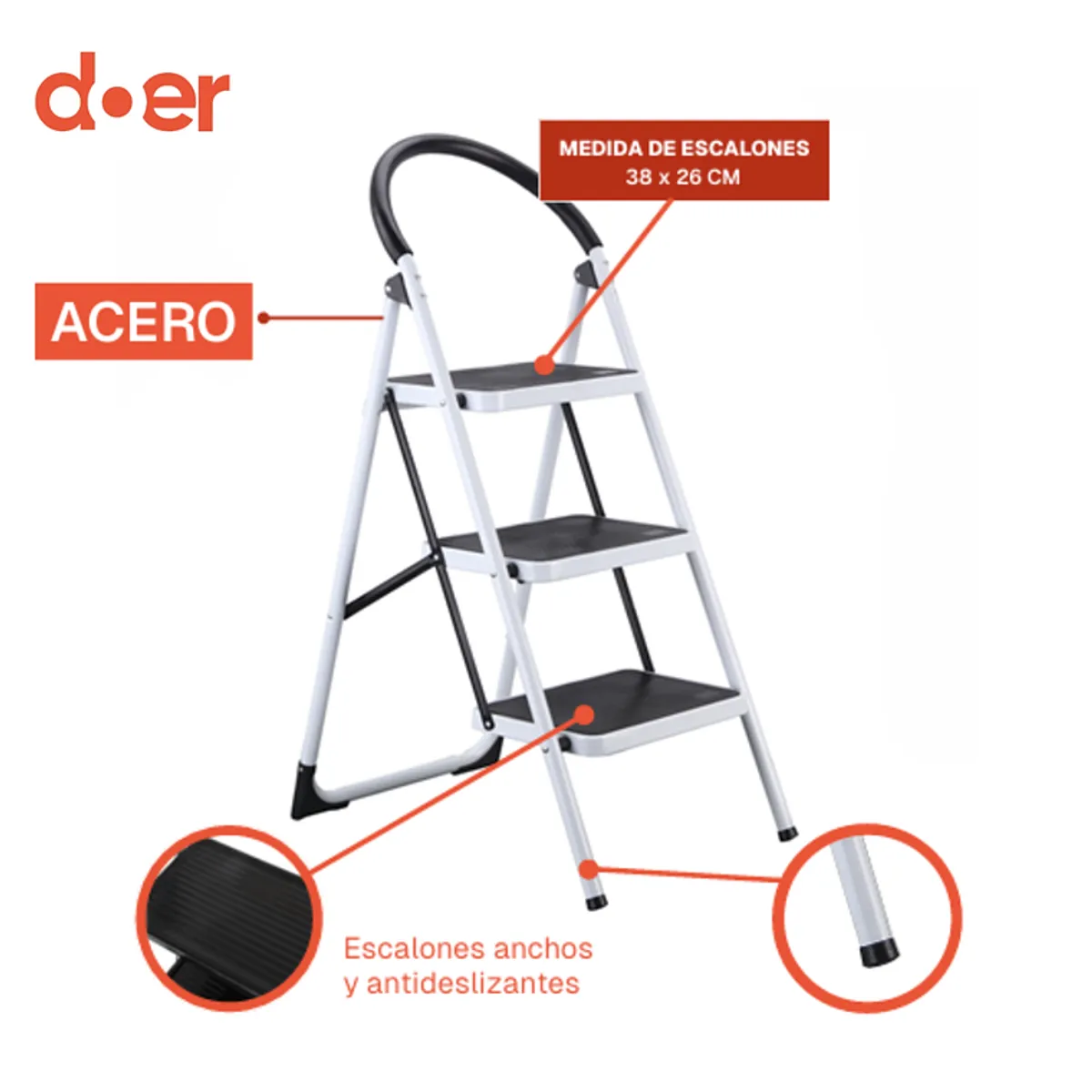 DOER - Escalera de 3 Peldaños Ultra Resistente con Patas Antideslizantes, 130cms
