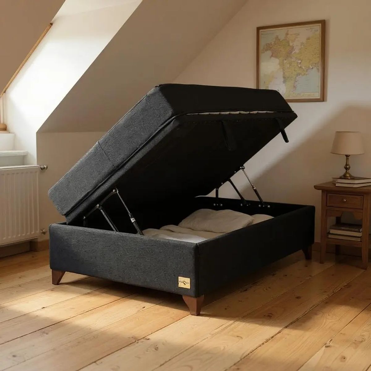 BLOCCARE - Cama Baul 1.5 Plazas L200 + Colchon Black L200 / Patas de madera 11 cm / sin refuerzo (Negro)