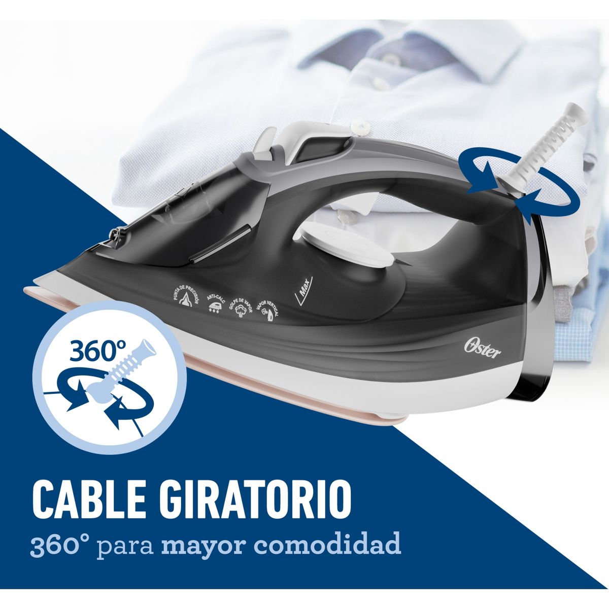 OSTER - Plancha de Cerámica GCSTEP2501 con Suela Grande con Tecnología Anti-Calcificación Gris Oster
