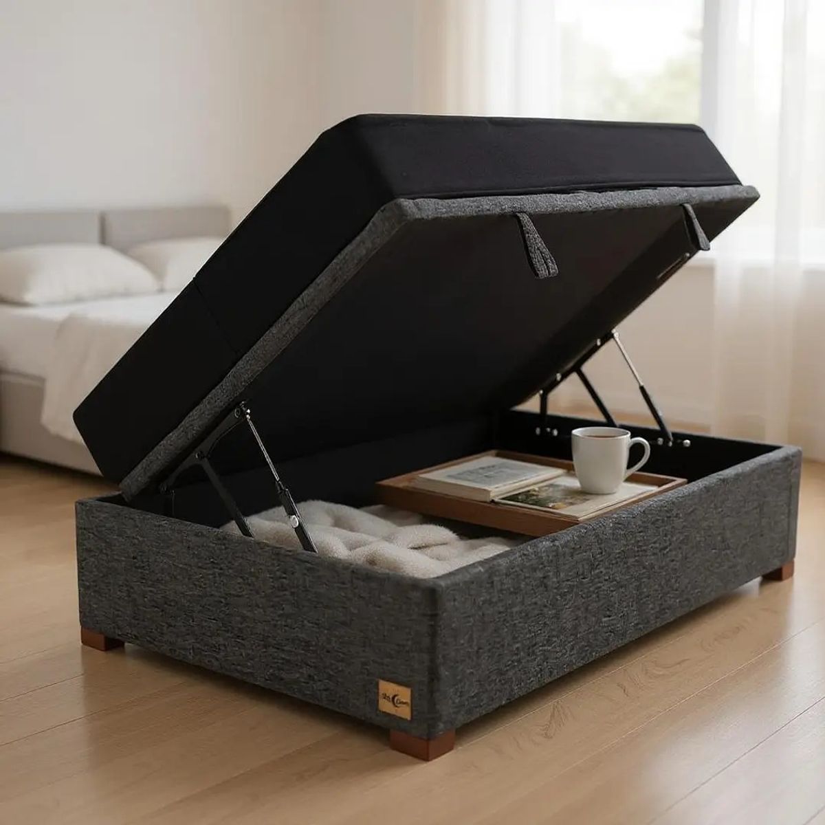 BLOCCARE - Cama Baul 1.5 Plazas L200 + Colchon Black L200 / Patas de madera 4.5 cm / Con refuerzo (Gris)