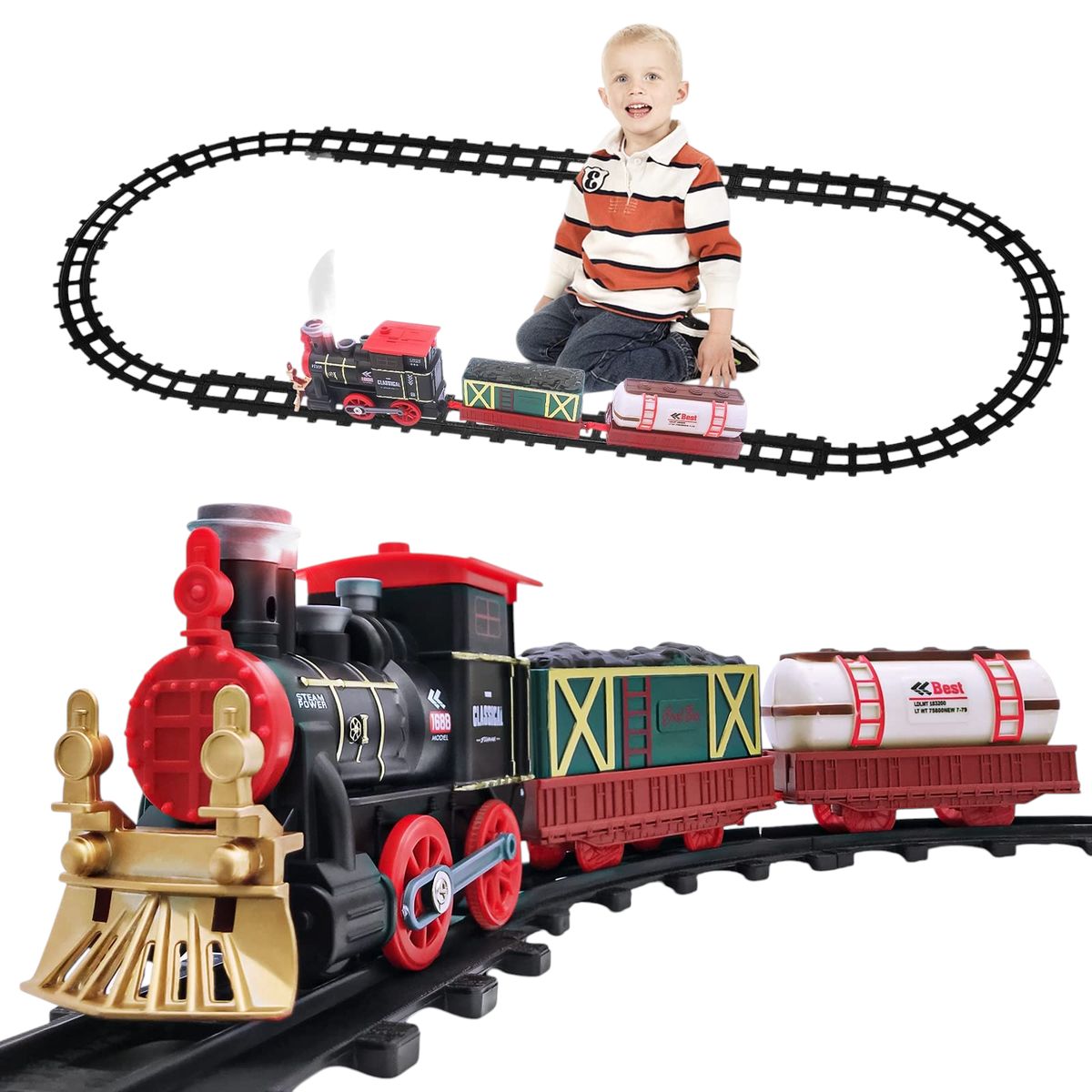 GENERICO - Locomotora Clasico Rieles Tira Humo Luces Sonido Ideal para Obsequio