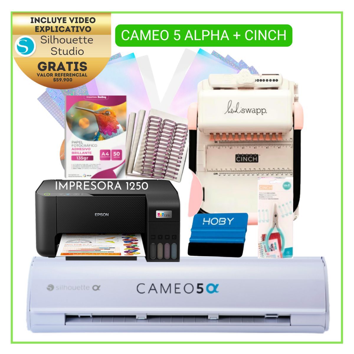 SILHOUETTE - SAN 05 Cameo 5 ALPHA + ENCUADERNADORA CINCH ROSADA+ INSUMOS