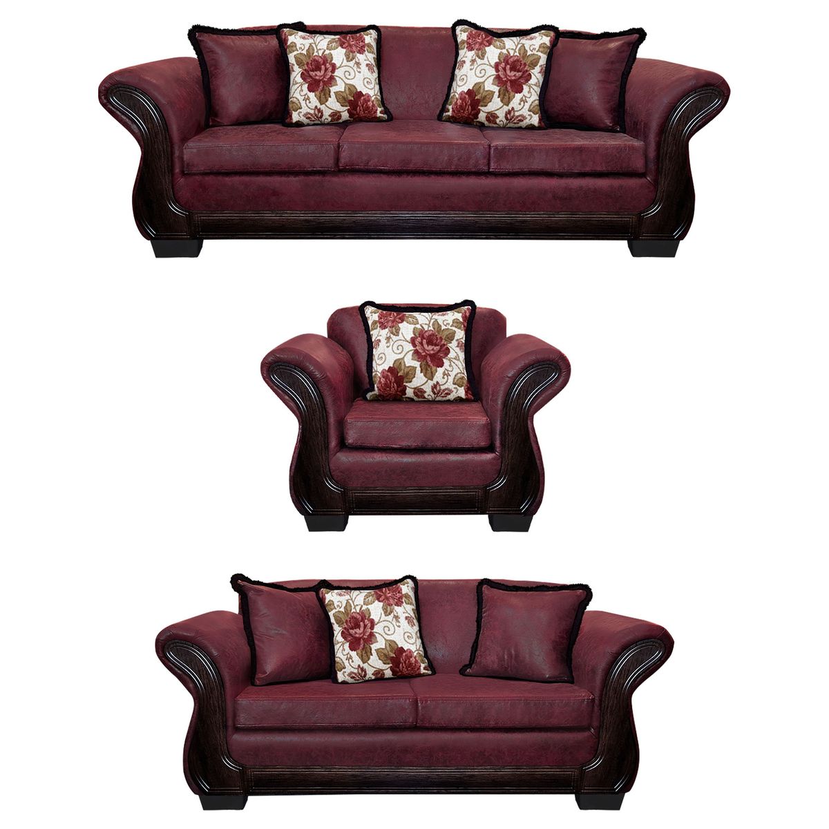 AMERICA DECORA - Living Con Resorte Estructural 8 Cuerpos 4+3+1 Finis Envejecido Burdeo