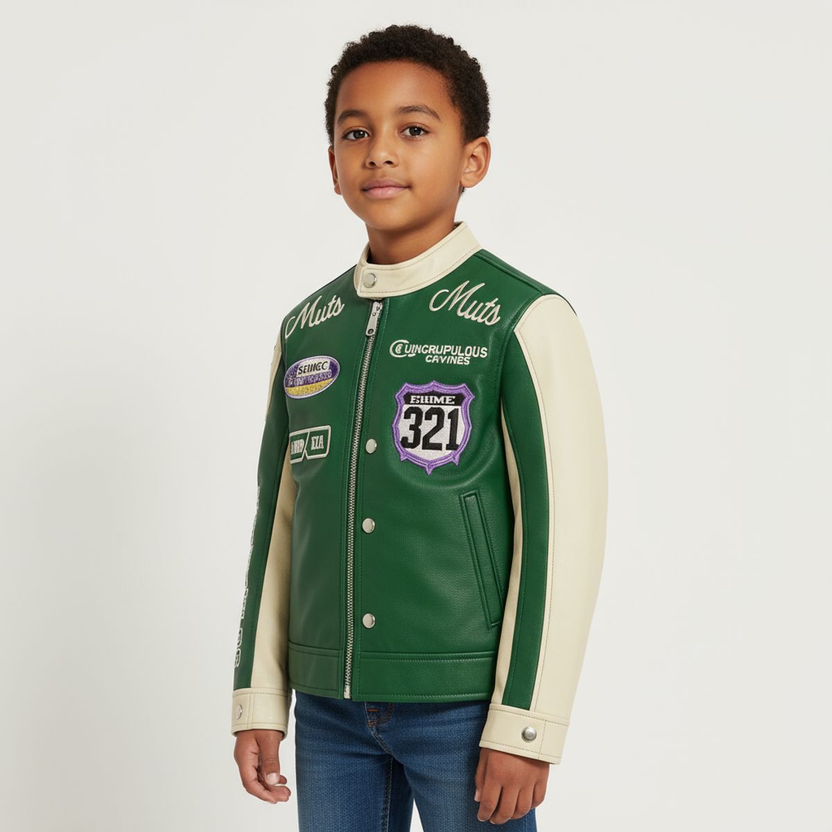 KIBOU - Chaqueta Varsity Racing Niños Ecocuero Estilo Universitario Premium