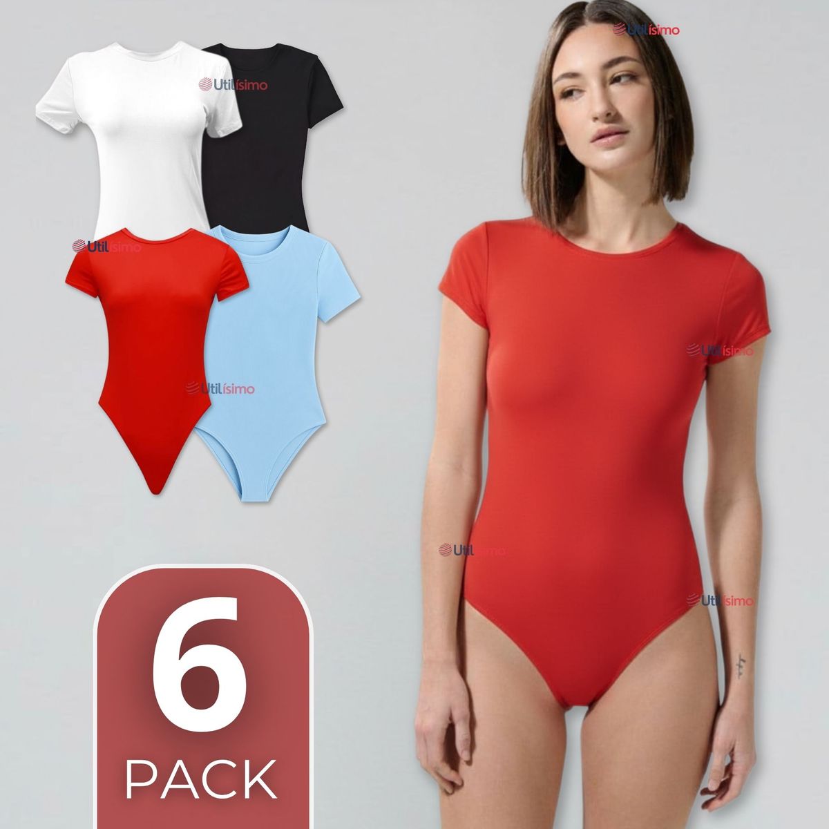 UTILISIMO - Pack 6 Bodys Ajustables Moldeador 100% Bambú Cuello Redondo Manga Corta Mujer Colores Surtidos
